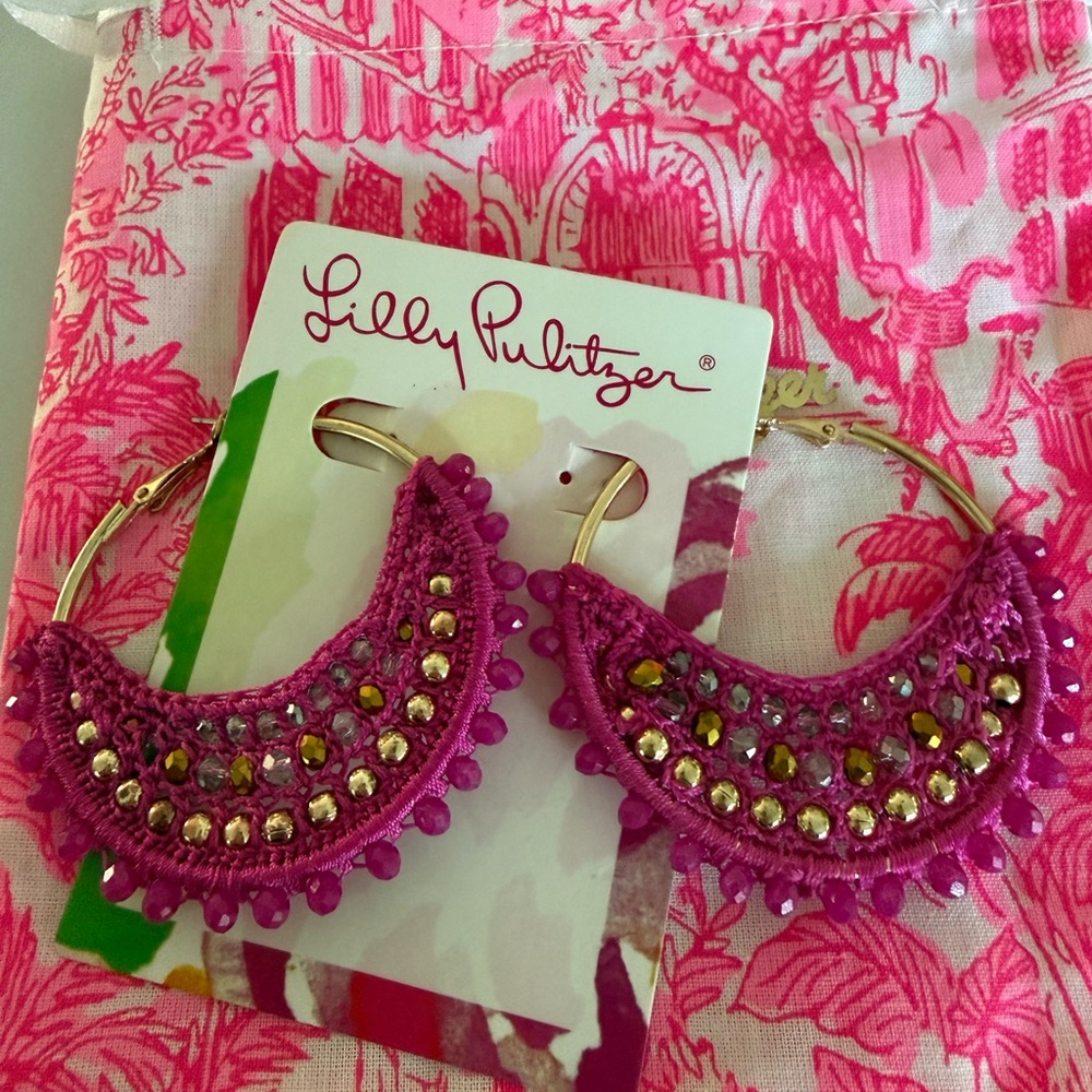 Lilly Pulitzer Gold beaded Embellished Hoop Earrings in fuchsia